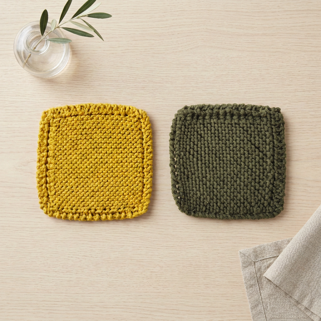 Corrected plain yellow and solid green knitted coaster set