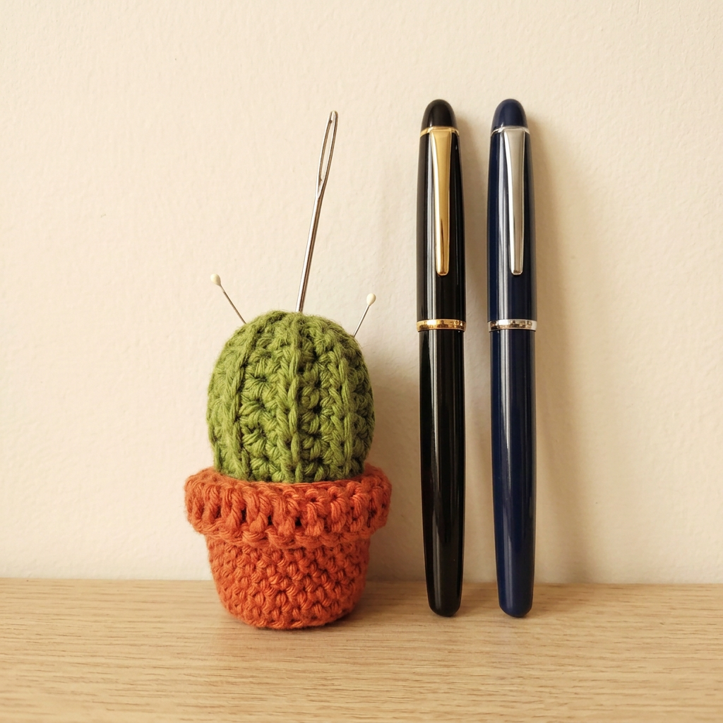 Crochet cactus beside elegant fountain pens