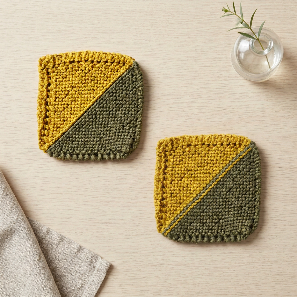 Dual-colour knitted coaster flat lay showing one of each side