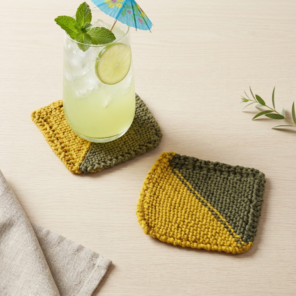 Dual-colour knitted coaster set with one green mocktail