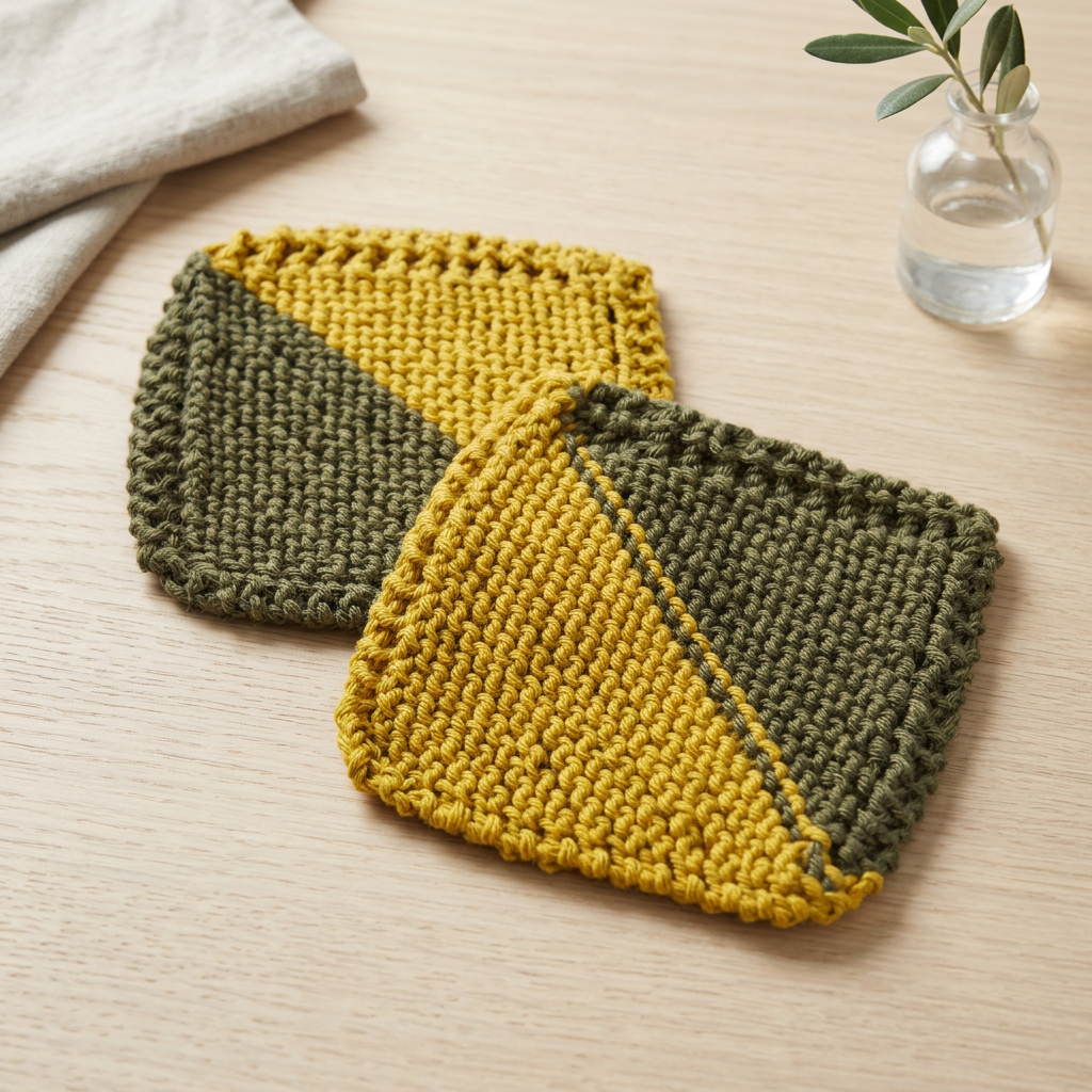 Dual-colour knitted coasters showing the reverse-side green line