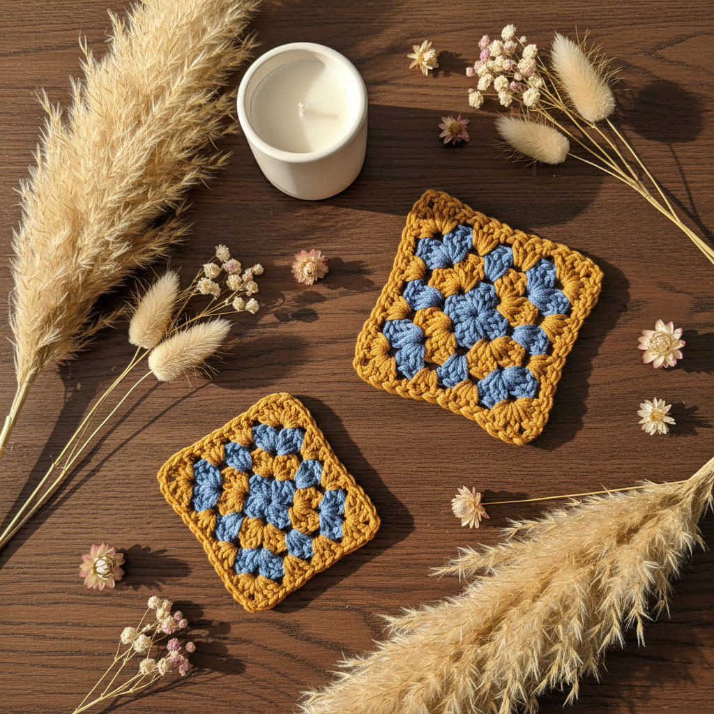 Mustard and blue crochet coasters styled overhead with pampas grass and candle on dark walnut table