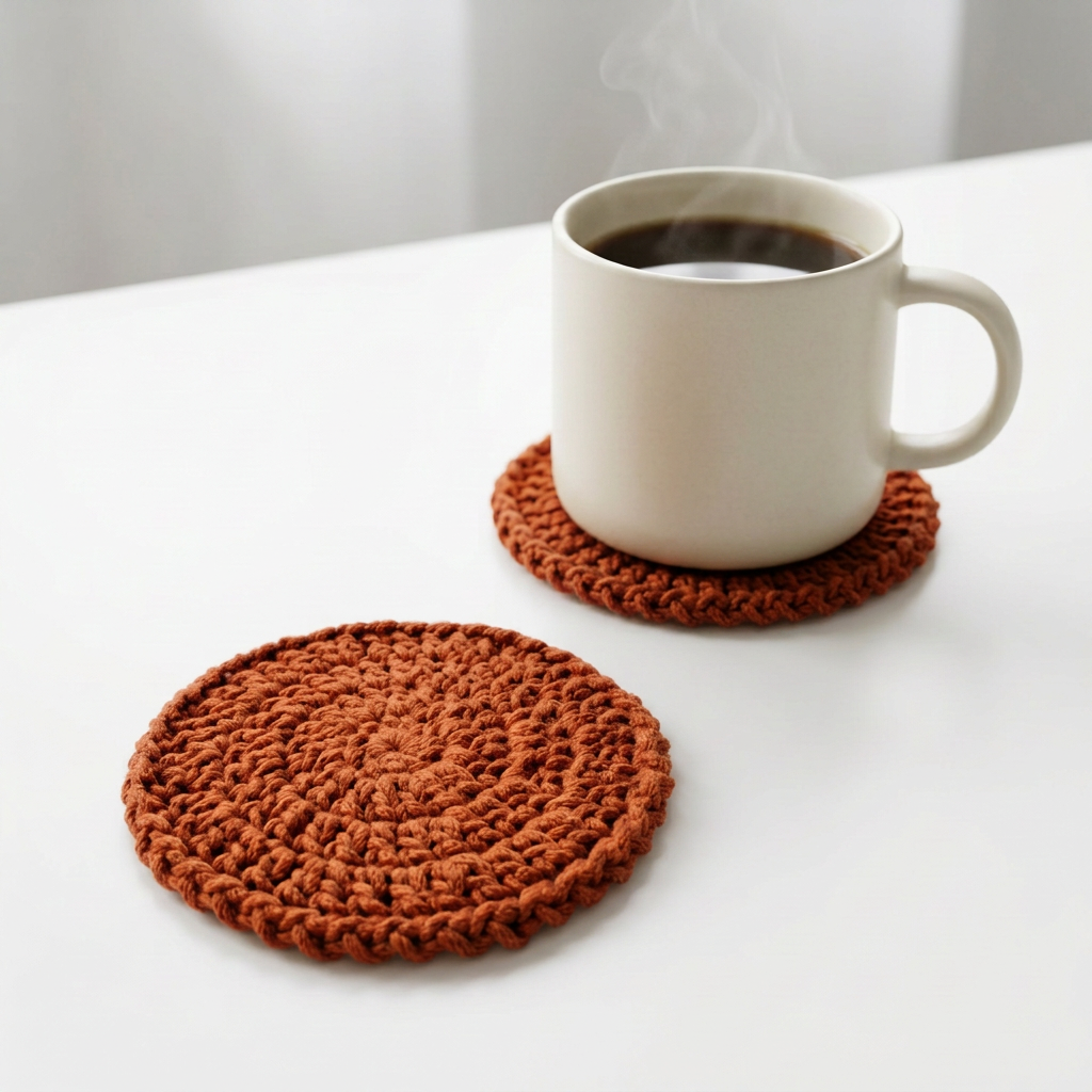 Terracotta round crochet coasters with a coffee mug on a white table