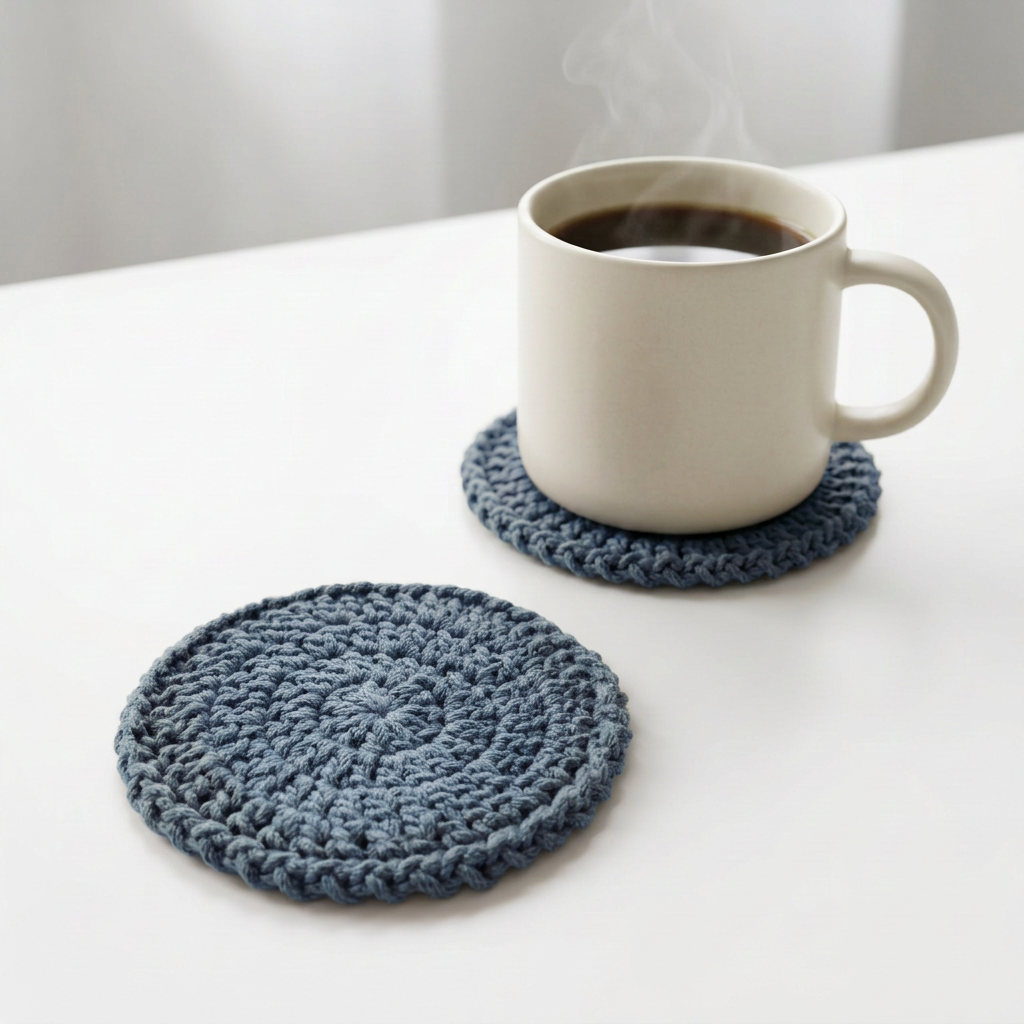 Blue round crochet coasters with a coffee mug on a white table