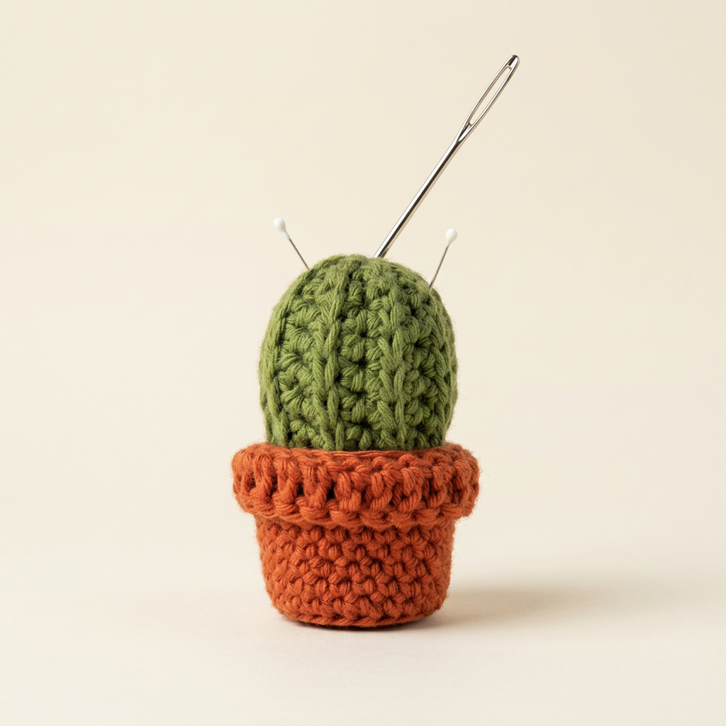 Crochet cactus used as a pincushion holding a yarn needle and two pins