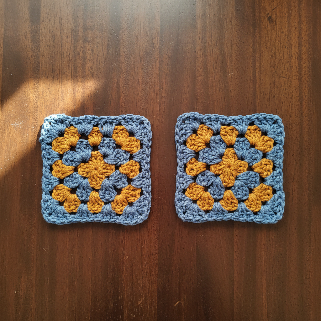 Terracotta, blue and mustard crochet coasters flat lay on dark walnut table