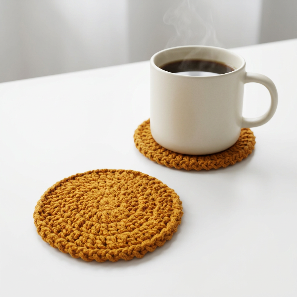 Mustard crochet coasters with coffee on a white table