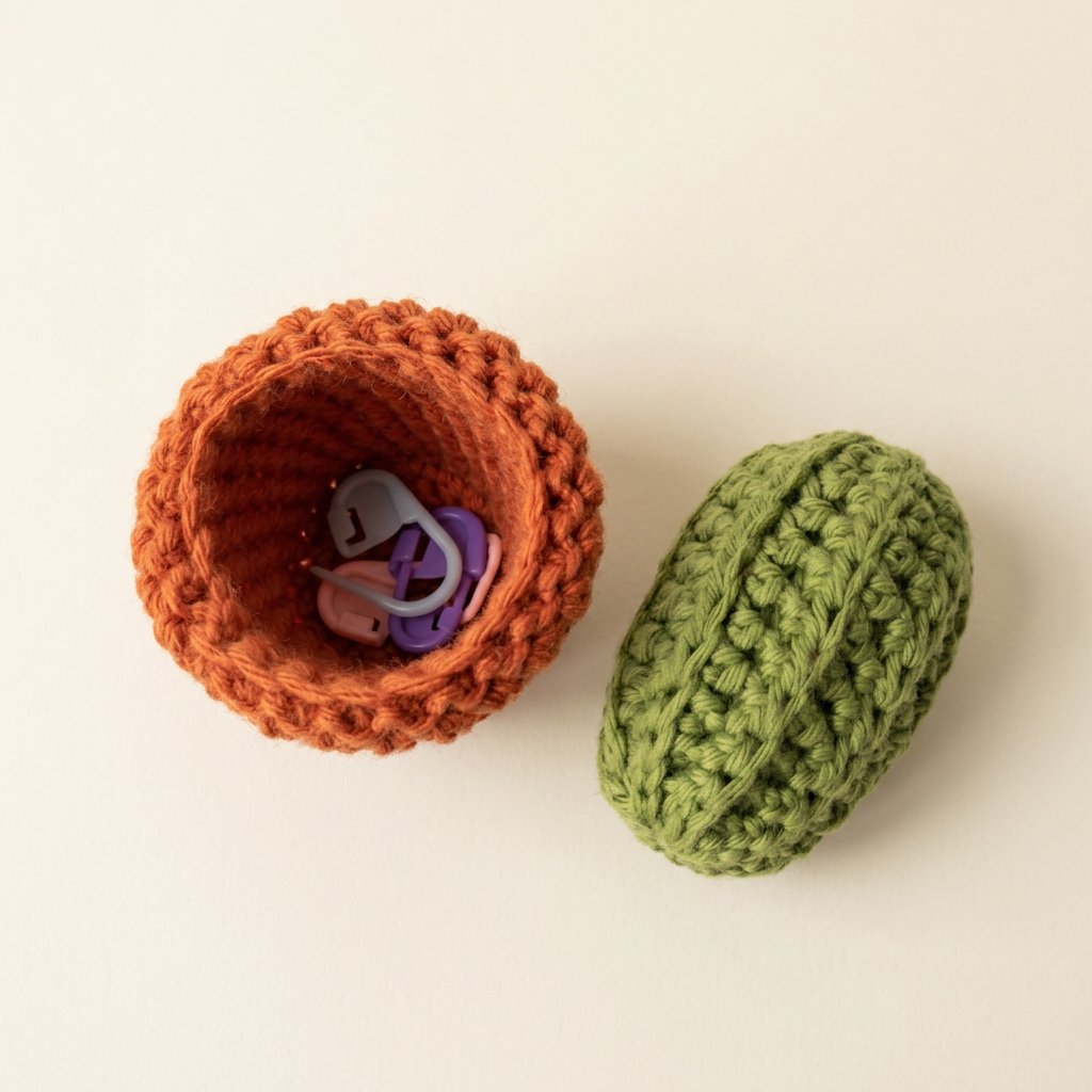 Open crochet pot retaining the craft accessories inside