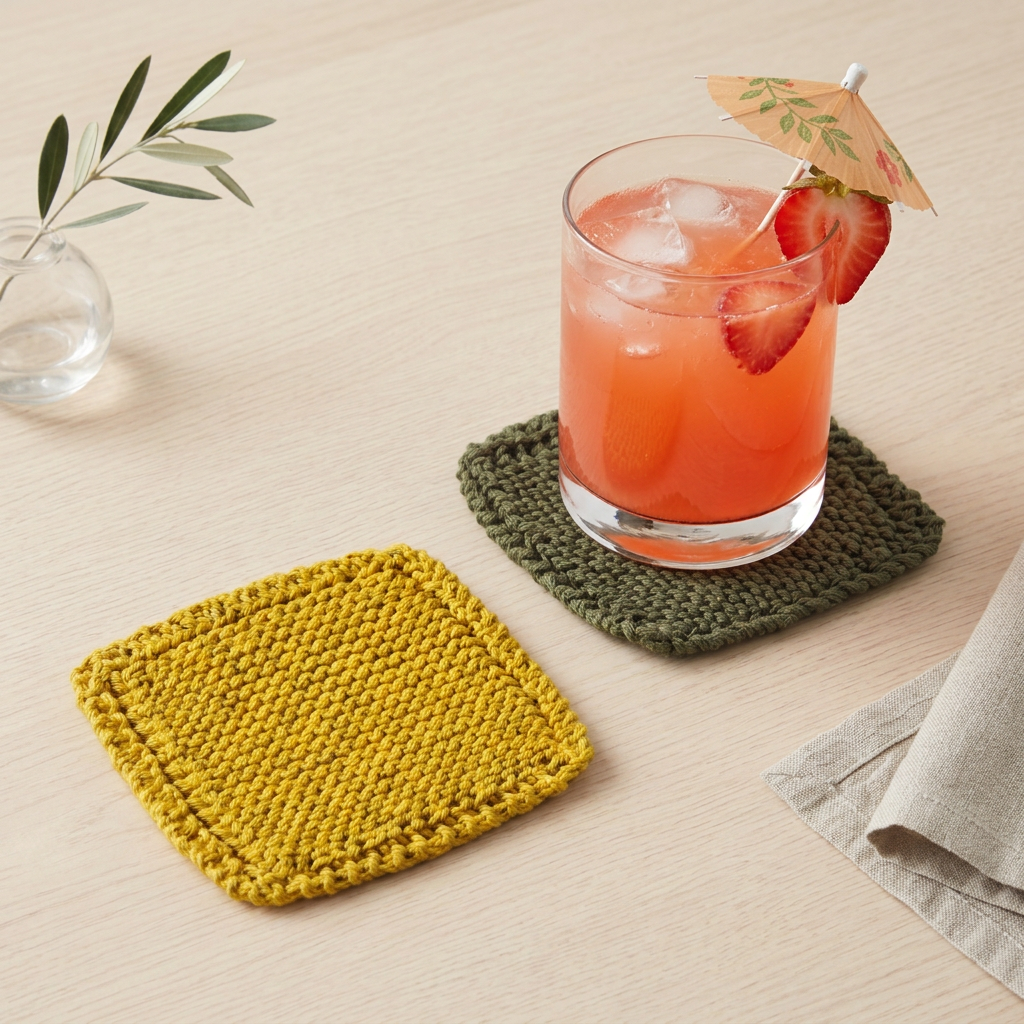 Plain knitted coaster set with one pink mocktail