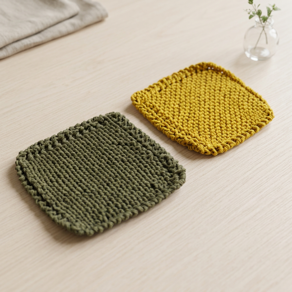 Plain yellow and green knitted coasters, angled view